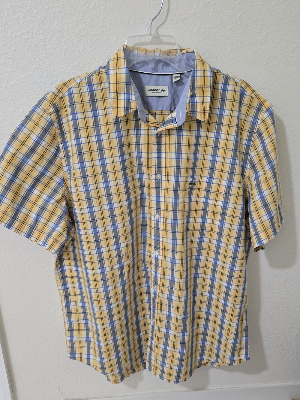 Lacoste Yellow and Blue Plaid Short Sleeve Button-Down Shirt